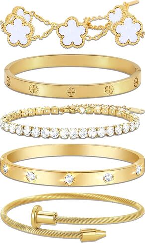 18K Gold Plated Love Bangle Bracelet Stack for Women, Adjustable Clover Bracelet & CZ Tennis Chain Set, Stackable Layered Jewelry, Fade Resistant, Long-Lasting Luster for Daily Wear & Gift in Saudi Arabia
