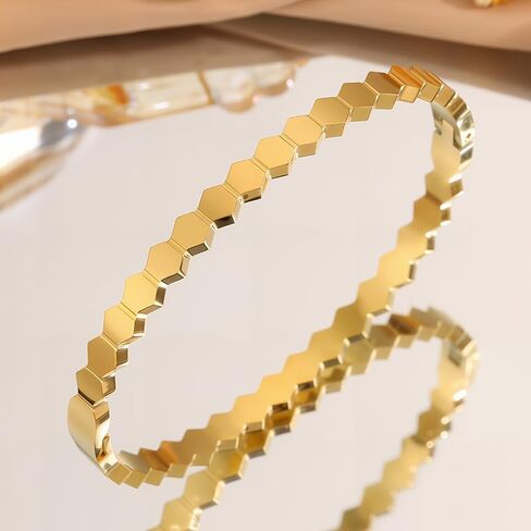18K Gold Plated Bangles for Women – Hexagon Honeycomb Stainless Steel Cuff in Kuwait