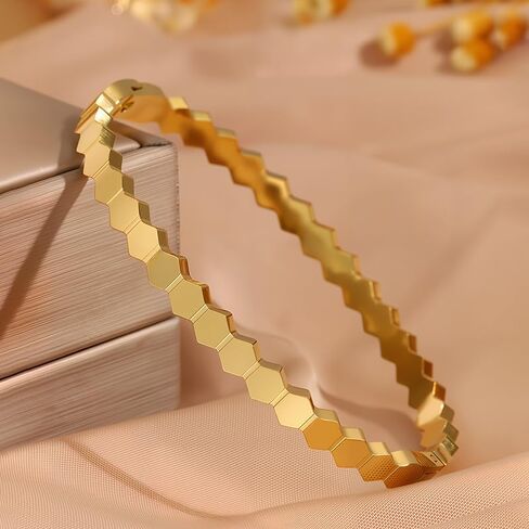 18K Gold Plated Bangles for Women – Hexagon Honeycomb Stainless Steel Cuff in Kuwait