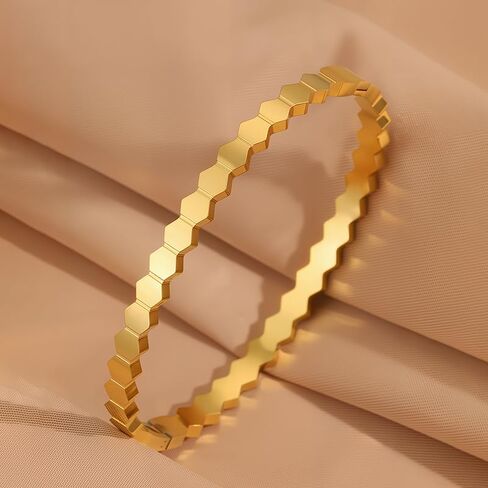 18K Gold Plated Bangles for Women – Hexagon Honeycomb Stainless Steel Cuff in Kuwait