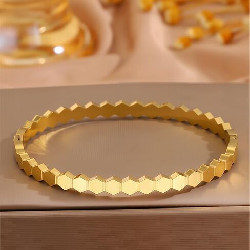 18K Gold Plated Bangles for Women – Hexagon Honeycomb Stainless Steel Cuff in Kuwait