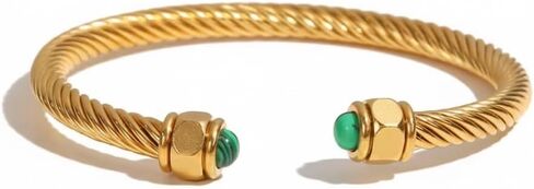18K Yellow Gold Plated Twisted Cable Cuff Bracelet for Women, Open Bangle with Brown Stone Ends, Gold Plated over Stainless Steel, Tarnish Resistant, 2 1/2-Inch Diameter in Saudi Arabia