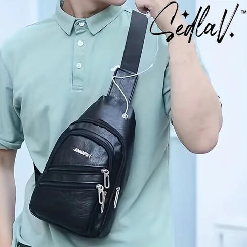 SEDLAV Men’s Leather Cross body Bag - Stylish and Functional Chest Bag with Earphone Hole for Outdoor Sports, Travel, and Work. Large Capacity Satchel with Multifunction Diagonal Shoulder Strap. in Saudi Arabia