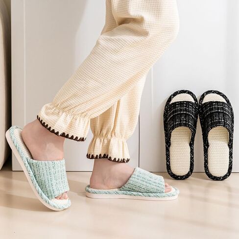 Women's Close Toe Linen Slippers, Cotton Linen Breathable Non-Slip Silent Home Shoes for All Seasons(Green) in Kuwait