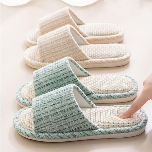 Women's Close Toe Linen Slippers, Cotton Linen Breathable Non-Slip Silent Home Shoes for All Seasons(Green) in Kuwait