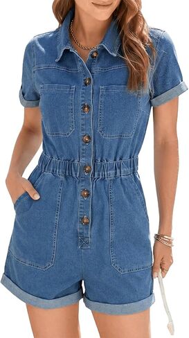 Women Denim Rompers Casual Summer Jumpsuit With Buttons Elastic Waist Short Stretch Blue Jeans With Pocket in Saudi Arabia