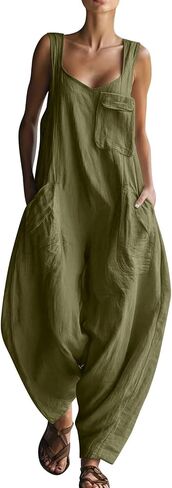 Women's Linen Jumpsuits Summer Sleeveless Loose Casual V Neck Spaghetti Strap Long Pants Baggy Overalls with Pockets in Saudi Arabia