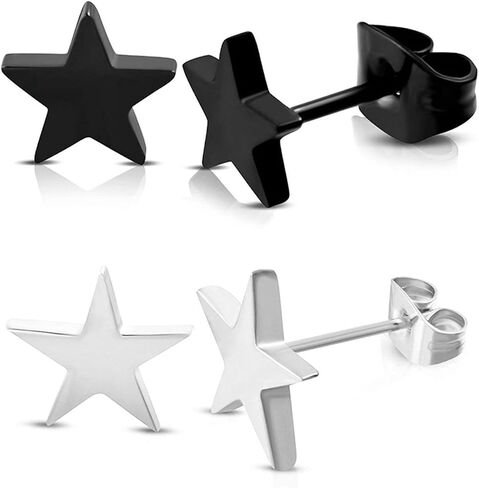2 Pairs Silver Black Star Stud Earrings Set for Men Women Stainless Steel Star Stud Earrings Jewelry in Saudi Arabia