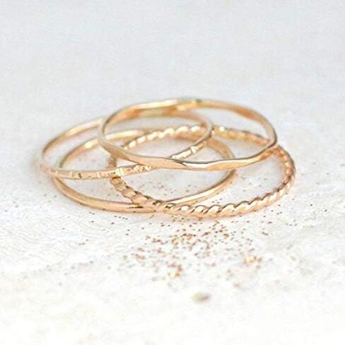 14k yellow gold filled stacking rings. minimalist metal stack bands set of four (4). various texture options - smooth, hammered, stardust, twist, or pebbled in Kuwait