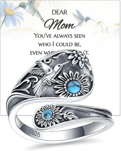 Turquoise/Opal/Obsidian/Abalone Dragonfly/Butterfly Sunflower Vintage Thumb Spoon Adjustable Ring Jewelry Gift for Mom/Daughter/Wife/Women (Turquoise Hummingbird, Mom) in Kuwait