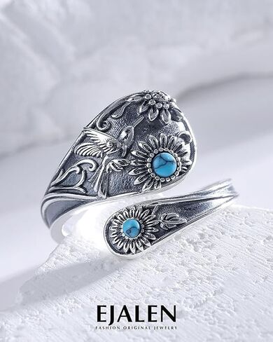 Turquoise/Opal/Obsidian/Abalone Dragonfly/Butterfly Sunflower Vintage Thumb Spoon Adjustable Ring Jewelry Gift for Mom/Daughter/Wife/Women (Turquoise Hummingbird, Mom) in Kuwait