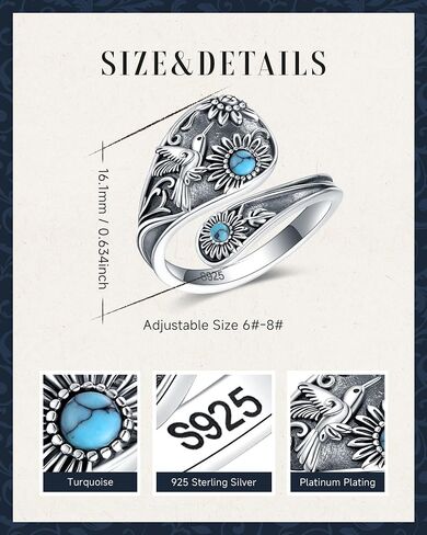 Turquoise/Opal/Obsidian/Abalone Dragonfly/Butterfly Sunflower Vintage Thumb Spoon Adjustable Ring Jewelry Gift for Mom/Daughter/Wife/Women (Turquoise Hummingbird, Mom) in Kuwait