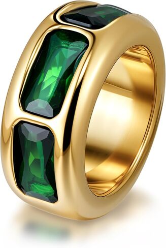 Wide Dome Band Bold Ring Chunky Green Zircon Cocktail Ring Stackable Statement Jewelry for Women Size 7 in Saudi Arabia