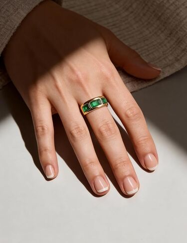 Wide Dome Band Bold Ring Chunky Green Zircon Cocktail Ring Stackable Statement Jewelry for Women Size 7 in Saudi Arabia