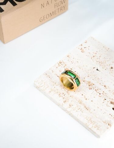 Wide Dome Band Bold Ring Chunky Green Zircon Cocktail Ring Stackable Statement Jewelry for Women Size 7 in Saudi Arabia
