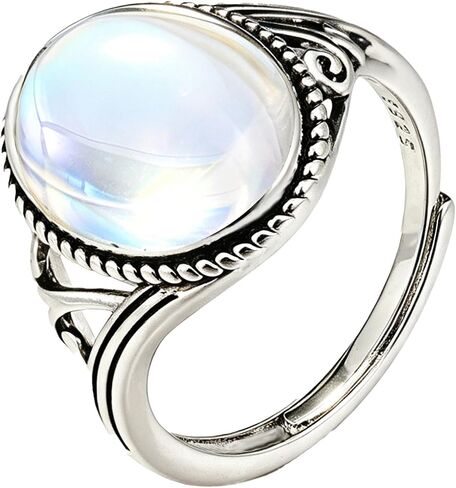 925 Sterling Silver Moonstone Ring White Gold Plated Oval Solitaire Design Adjustable Open Band Gemstone Ring for Women Ideal Christmas/Birthday Gift for Women in Saudi Arabia