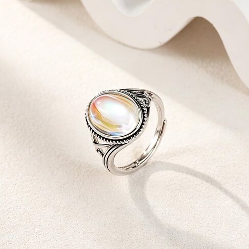 925 Sterling Silver Moonstone Ring White Gold Plated Oval Solitaire Design Adjustable Open Band Gemstone Ring for Women Ideal Christmas/Birthday Gift for Women in Saudi Arabia