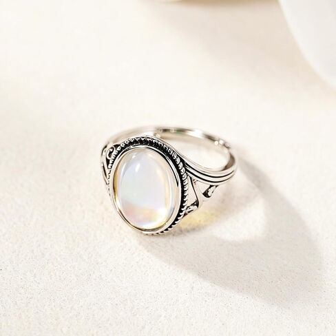 925 Sterling Silver Moonstone Ring White Gold Plated Oval Solitaire Design Adjustable Open Band Gemstone Ring for Women Ideal Christmas/Birthday Gift for Women in Saudi Arabia
