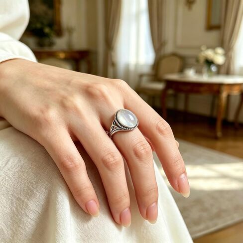 925 Sterling Silver Moonstone Ring White Gold Plated Oval Solitaire Design Adjustable Open Band Gemstone Ring for Women Ideal Christmas/Birthday Gift for Women in Saudi Arabia