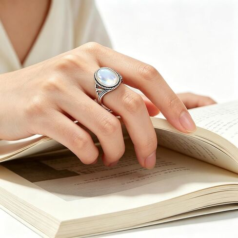 925 Sterling Silver Moonstone Ring White Gold Plated Oval Solitaire Design Adjustable Open Band Gemstone Ring for Women Ideal Christmas/Birthday Gift for Women in Saudi Arabia