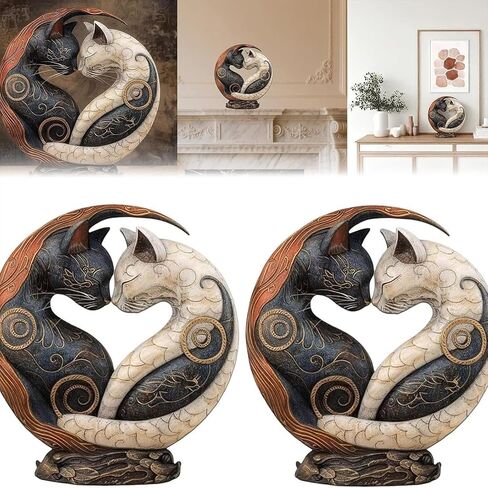 Black and White Yin Yang Cat for Home Decor, Cat Figurines Resin Room Decoration, Retro Cats Animal for Bookshelf Office Table, Gifts for Women Mom Cat Lovers in Saudi Arabia