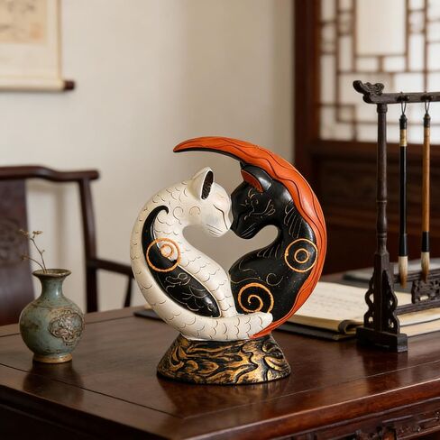 Black and White Yin Yang Cat for Home Decor, Cat Figurines Resin Room Decoration, Retro Cats Animal for Bookshelf Office Table, Gifts for Women Mom Cat Lovers in Saudi Arabia