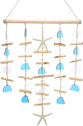 Ovveroche Wooden Driftwood Wall Decor with Starfish and Sea Shells, Coastal Ocean Themed Hanging Wall Art for Bathroom, Living Room, Bedroom or Porch, Blue Beach Home Decor in Kuwait