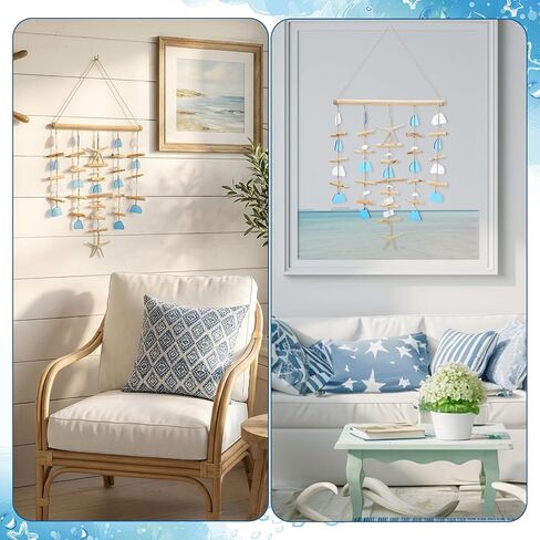 Ovveroche Wooden Driftwood Wall Decor with Starfish and Sea Shells, Coastal Ocean Themed Hanging Wall Art for Bathroom, Living Room, Bedroom or Porch, Blue Beach Home Decor in Kuwait