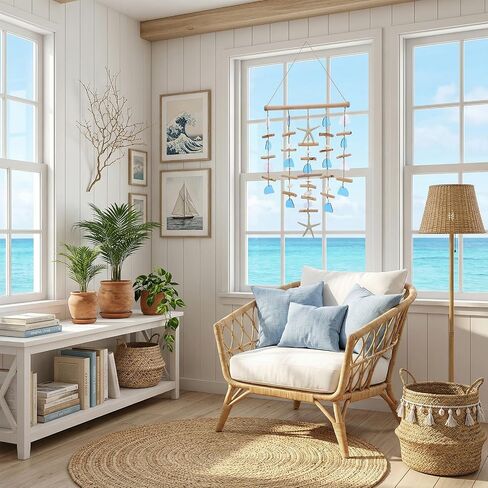 Ovveroche Wooden Driftwood Wall Decor with Starfish and Sea Shells, Coastal Ocean Themed Hanging Wall Art for Bathroom, Living Room, Bedroom or Porch, Blue Beach Home Decor in Kuwait