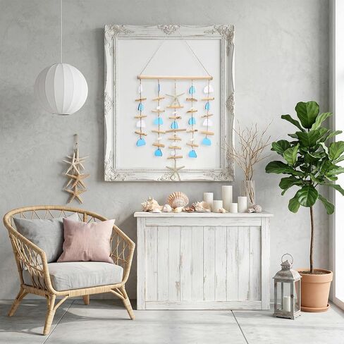 Ovveroche Wooden Driftwood Wall Decor with Starfish and Sea Shells, Coastal Ocean Themed Hanging Wall Art for Bathroom, Living Room, Bedroom or Porch, Blue Beach Home Decor in Kuwait