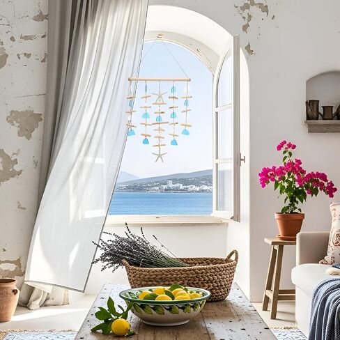 Ovveroche Wooden Driftwood Wall Decor with Starfish and Sea Shells, Coastal Ocean Themed Hanging Wall Art for Bathroom, Living Room, Bedroom or Porch, Blue Beach Home Decor in Kuwait