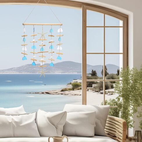 Ovveroche Wooden Driftwood Wall Decor with Starfish and Sea Shells, Coastal Ocean Themed Hanging Wall Art for Bathroom, Living Room, Bedroom or Porch, Blue Beach Home Decor in Kuwait