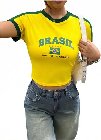 SHENHE Women's Brazil Shirt Crop Top Crewneck Vintage Short Sleeve Tops Y2K Graphic Baby Tee Jersey Shirt in Saudi Arabia