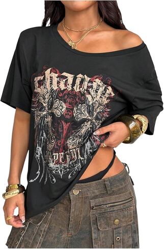 SweatyRocks Women's Goth Vintage T Shirts Graphic Tees Y2k Off The Shoulder Going Out Tops in Saudi Arabia