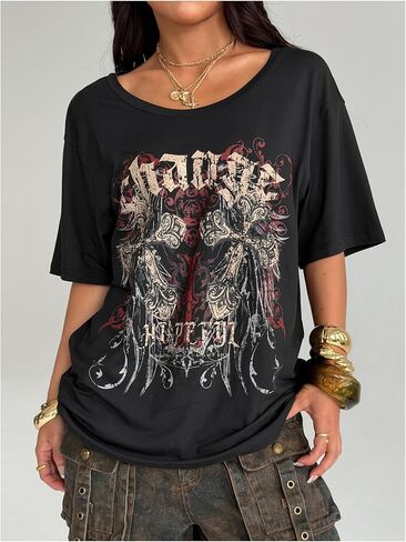SweatyRocks Women's Goth Vintage T Shirts Graphic Tees Y2k Off The Shoulder Going Out Tops in Saudi Arabia