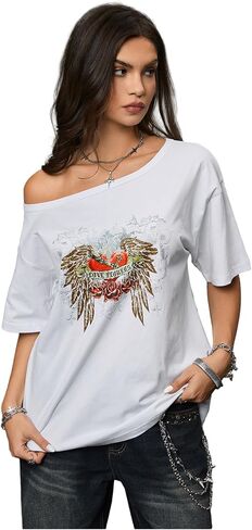 SweatyRocks Women's Goth Vintage T Shirts Graphic Tees Y2k Off The Shoulder Going Out Tops in Saudi Arabia