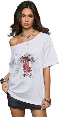 SweatyRocks Women's Goth Vintage T Shirts Graphic Tees Y2k Off The Shoulder Going Out Tops in Saudi Arabia