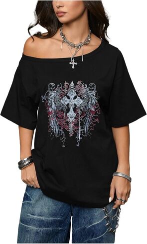 SweatyRocks Women's Goth Vintage T Shirts Graphic Tees Y2k Off The Shoulder Going Out Tops in Saudi Arabia