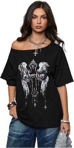 SweatyRocks Women's Goth Vintage T Shirts Graphic Tees Y2k Off The Shoulder Going Out Tops in Saudi Arabia