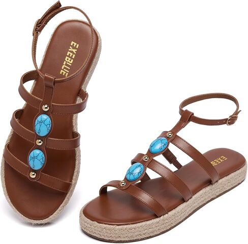 Women's Bohemian Espadrille Platform Sandals, T-Strap Wedge Sandals with Turquoise Decor, Adjustable Ankle Buckle, Summer Beach Shoes in Saudi Arabia