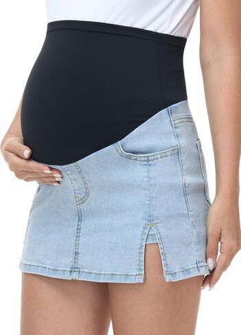 Women's Maternity Jean Skirt Over The Belly Casual Summer Side Slit Pregnancy Denim Skorts Skirt with Pockets in Saudi Arabia