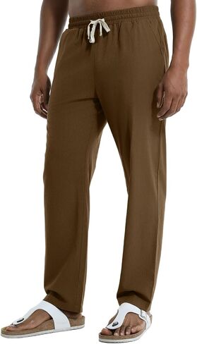 Kallspin Mens Cotton Blend Beach Pants Summer Casual Drawstring Trousers Relaxed Fit Lightweight Lounge Pants with Pockets in Kuwait