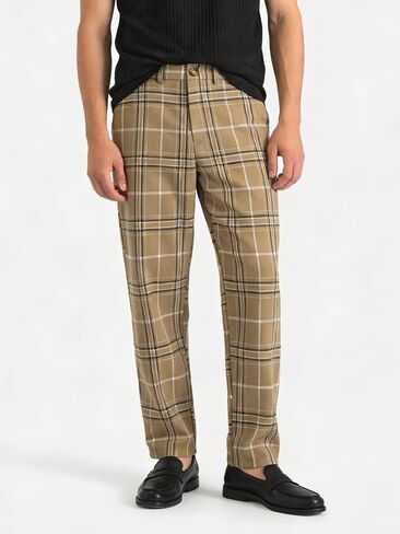 Men's Woven Classic Plaid Casual Pants – Straight Leg Regular Fit Trousers for Daily Wear and Outdoor Activities in Kuwait