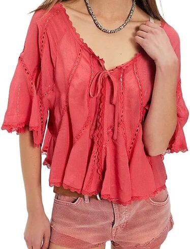 LILTWIST Boho Tie Front Puff Sleeve Blouse for Women Chiffon Lace Trim Ruffle Tunic Top Summer Vacation V Neck Peplum Shirts in Saudi Arabia