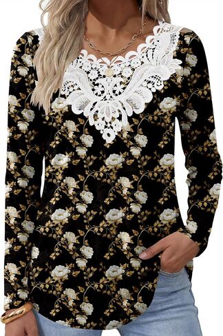 ANRABESS Women's Lace Front Long Sleeve Tunic Tops | Scalloped V Neck Floral Print Shirts, Soft Regular Fit Blouses, Business Office Travel Outfits, Dressy Casual, Fall & Winter in Kuwait