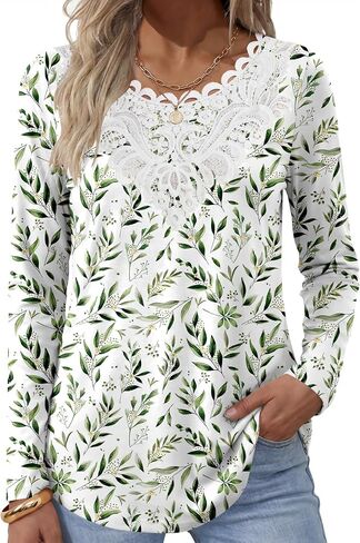 ANRABESS Women's Lace Front Long Sleeve Tunic Tops | Scalloped V Neck Floral Print Shirts, Soft Regular Fit Blouses, Business Office Travel Outfits, Dressy Casual, Fall & Winter in Kuwait