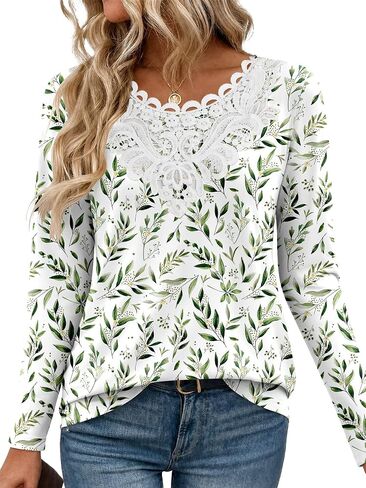 ANRABESS Women's Lace Front Long Sleeve Tunic Tops | Scalloped V Neck Floral Print Shirts, Soft Regular Fit Blouses, Business Office Travel Outfits, Dressy Casual, Fall & Winter in Kuwait