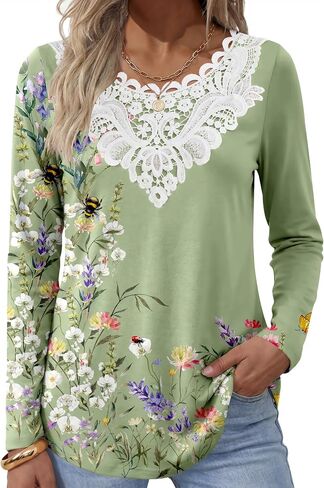 ANRABESS Women's Lace Front Long Sleeve Tunic Tops | Scalloped V Neck Floral Print Shirts, Soft Regular Fit Blouses, Business Office Travel Outfits, Dressy Casual, Fall & Winter in Kuwait