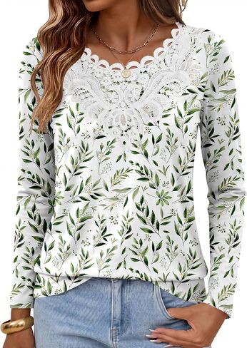 ANRABESS Women's Lace Front Long Sleeve Tunic Tops | Scalloped V Neck Floral Print Shirts, Soft Regular Fit Blouses, Business Office Travel Outfits, Dressy Casual, Fall & Winter in Kuwait