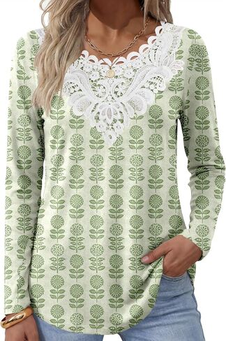 ANRABESS Women's Lace Front Long Sleeve Tunic Tops | Scalloped V Neck Floral Print Shirts, Soft Regular Fit Blouses, Business Office Travel Outfits, Dressy Casual, Fall & Winter in Kuwait